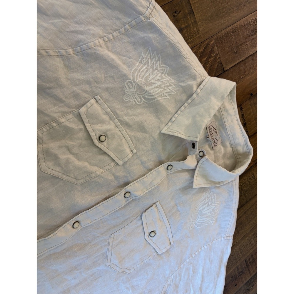 Overland Mens XL 100% Linen Pearl Snap Western Shirt Cream Embroidered